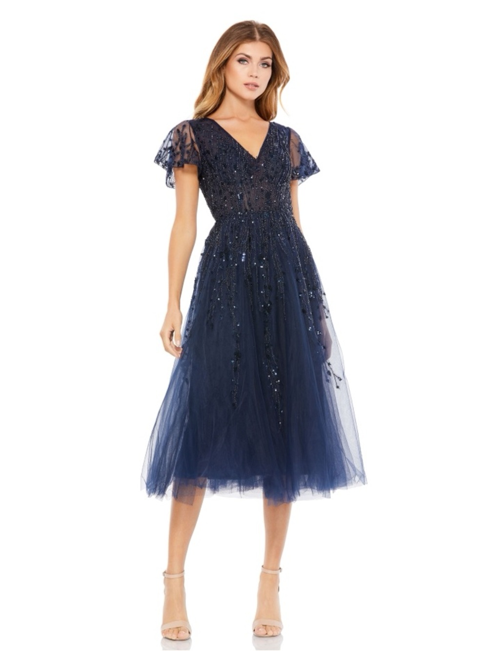 Mac Duggal Beaded Tulle Tea-Length Dress Sz 14 20304 Midnight Blue NWT $598